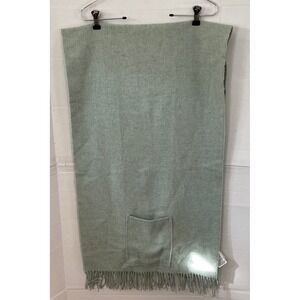 MUJI 100% Wool Pocket Stole Scarf Sage Green Twill Fringe Wrap pockets